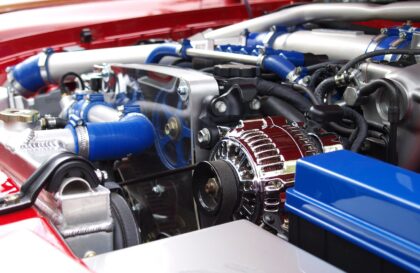 blue silver black car engine