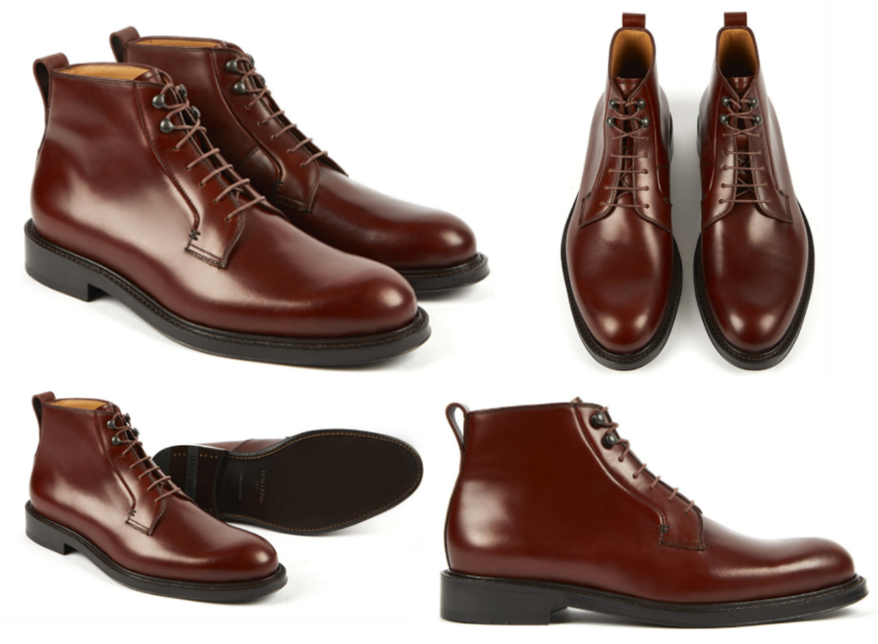 Légende : boots en cuir pour homme cousu Goodyear + semelle double cuir – Prix : 650€