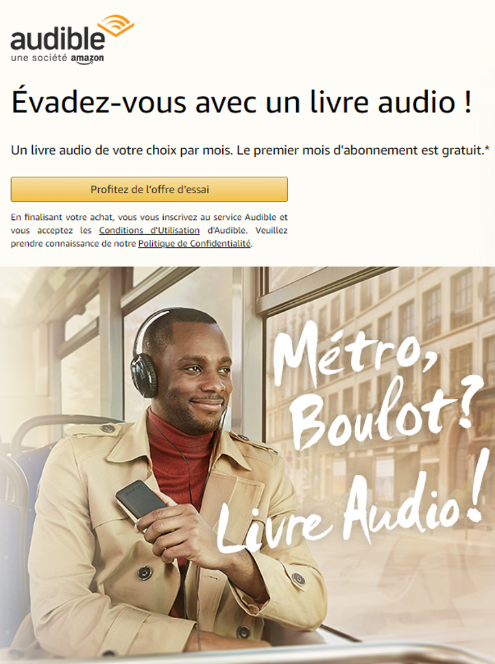 Livre audio avec Audible : Offre 1 mois d'essai offert