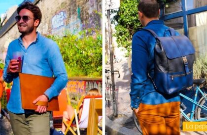 1- pochette d’ordinateur cognac, made in France 2- le sac à dos bi-matières Lafayette
