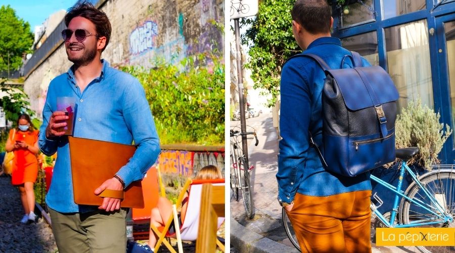 1- pochette d’ordinateur cognac, made in France 2- le sac à dos bi-matières Lafayette