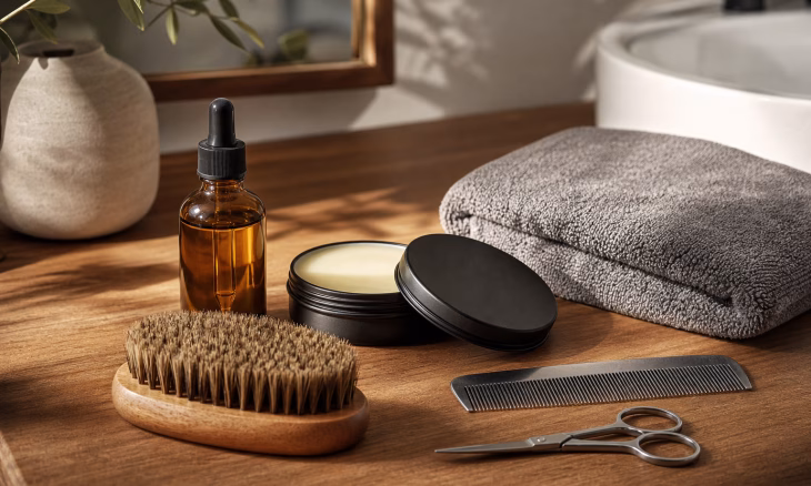 Accessoires de soins pour barbe et moustache sur une table en bois