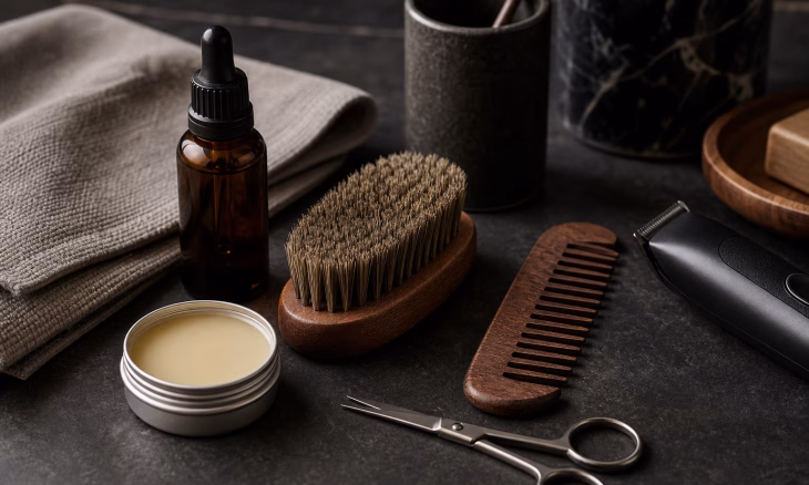 Accessoires de toilettage pour barbe et moustache sur fond sombre, avec huile, brosse, peigne, ciseaux et tondeuse