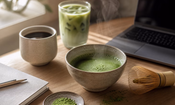 Bol de matcha fumant avec fouet en bambou, tasse de café et verre glacé sur un bureau en bois près d’un ordinateur portable