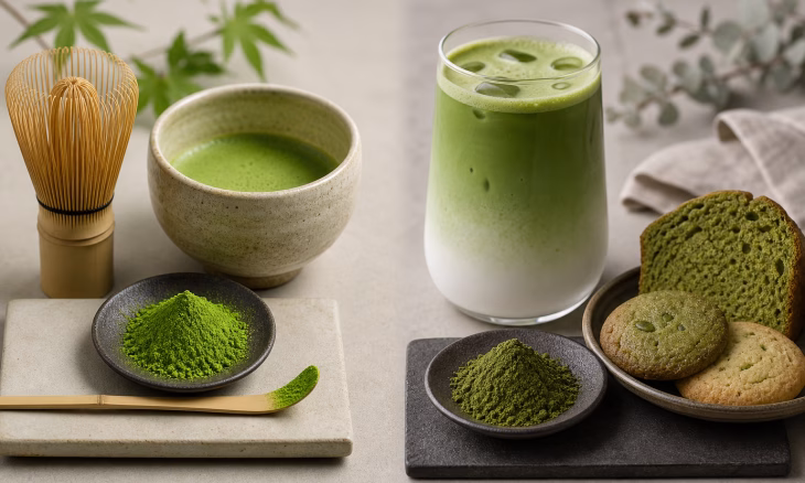 Cérémonie du matcha avec bol, fouet, poudre, latte glacé et pâtisseries au matcha