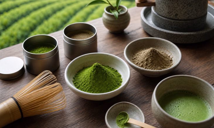 Cérémonie du matcha avec bols de poudre verte, fouet en bambou et thé préparé sur une table en bois