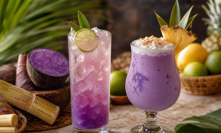 Deux cocktails violets tropicaux, l’un avec citron vert et l’autre avec ananas et noix de coco