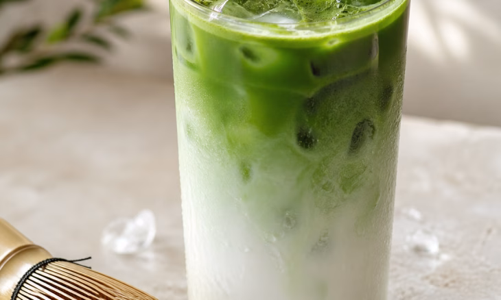 Matcha glacé avec glaçons et fouet en bambou à côté