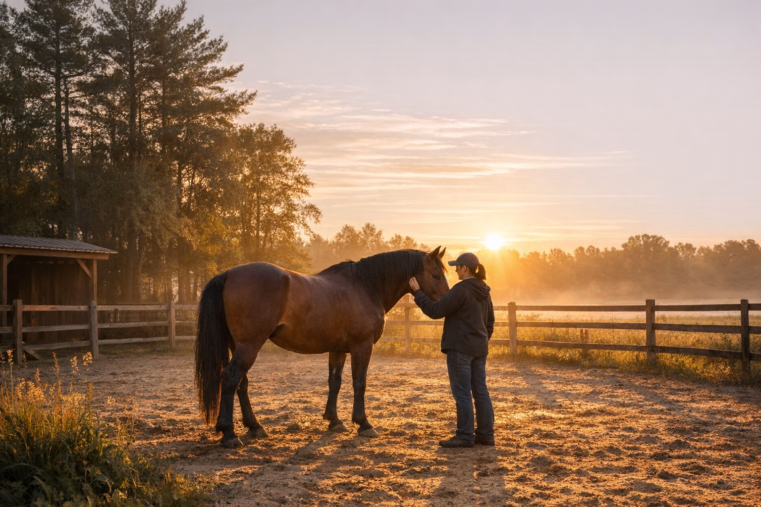Personne dans un paddock au lever du soleil aux côtés d'un cheval