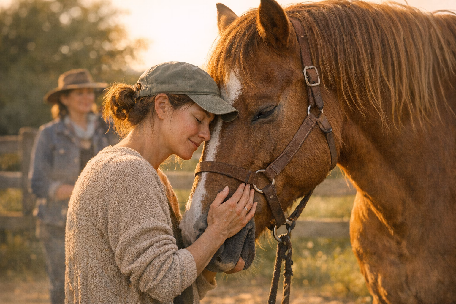 Séance d'équicoaching entre une personne et un cheval en extérieur