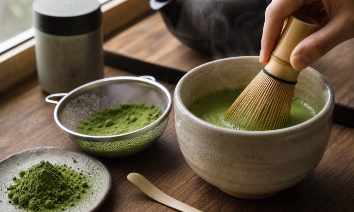 Préparation du matcha dans un bol avec un fouet en bambou, de la poudre de thé vert à côté