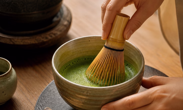 Préparation d’un thé matcha avec un fouet en bambou dans un bol en céramique