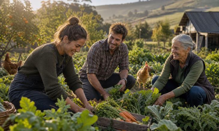 Trois personnes récoltent des légumes dans un potager