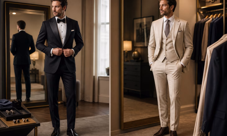 Deux hommes en costume élégant, l’un en smoking noir, l’autre en costume beige, dans une boutique de vêtements