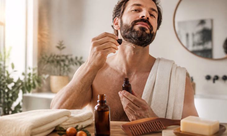 Homme appliquant de l’huile sur sa barbe à l’aide d’un compte-gouttes
