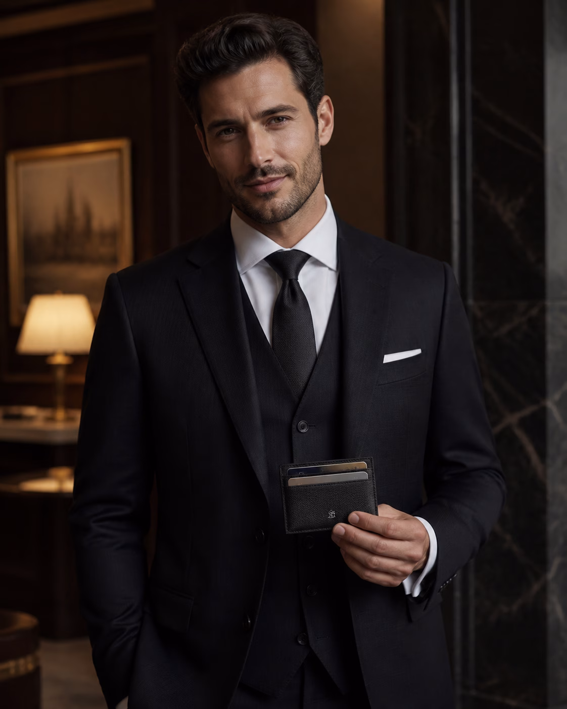 Homme en costume noir tenant un porte-cartes en cuir devant lui