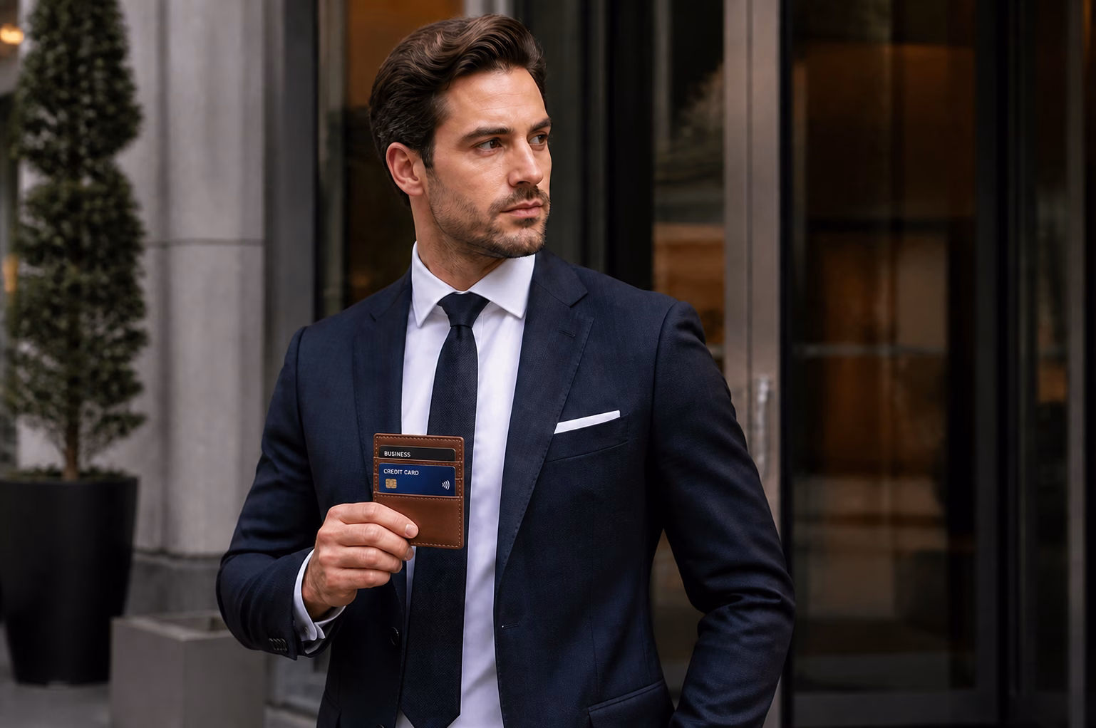 Homme en costume tenant un porte-cartes contenant une carte de crédit