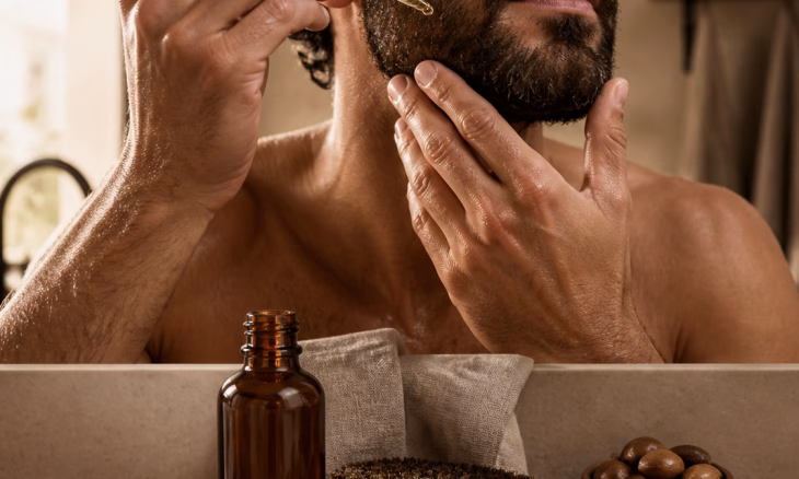 Un homme applique de l’huile sur sa barbe à l’aide d’un compte-gouttes