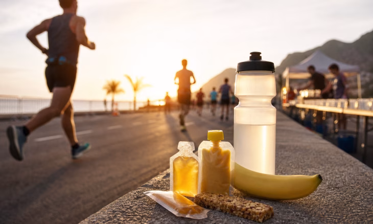 Coureurs sur une promenade au coucher du soleil, avec une gourde, une banane et une barre énergétique au premier plan