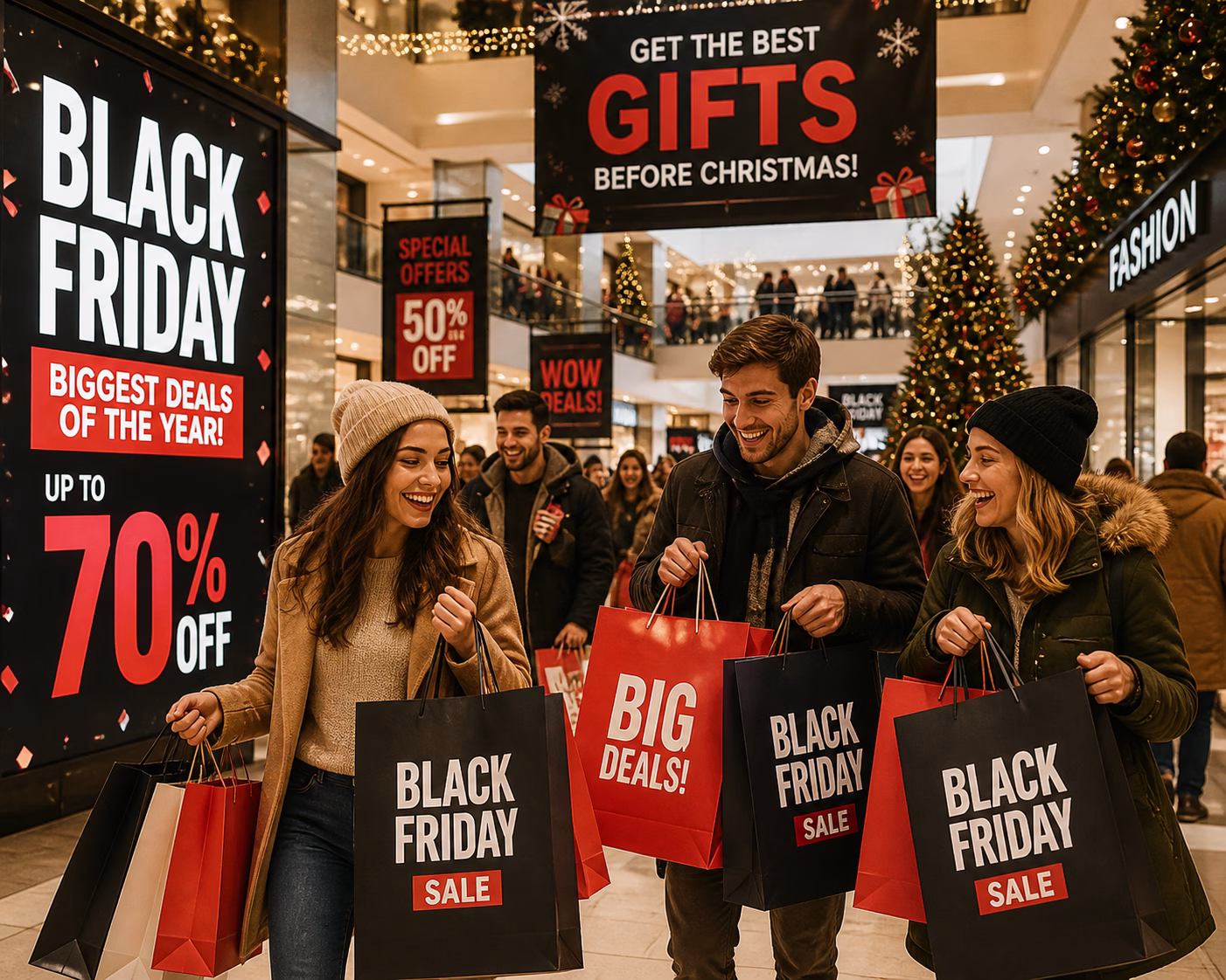 Des clients souriants portant des sacs de shopping dans un centre commercial