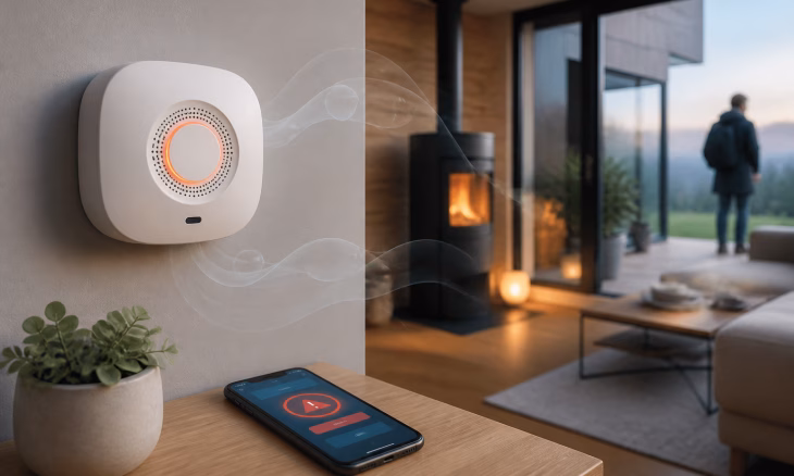 Détecteur de fumée connecté avec alerte sur smartphone, dans un salon équipé d’une cheminée
