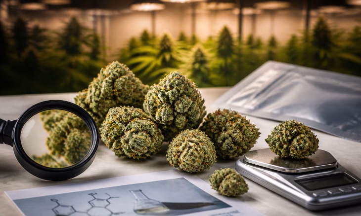 Fleurs de cannabis examinées à la loupe et pesées sur une balance, dans un laboratoire de culture