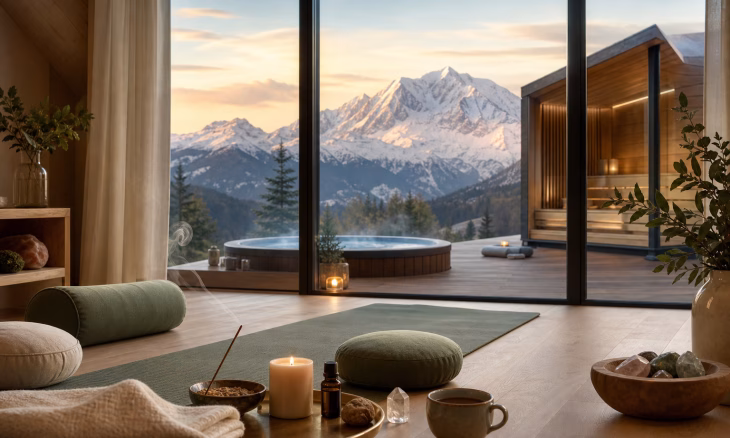Salon de bien-être avec tapis de yoga, bougies et bain nordique donnant sur des montagnes enneigées