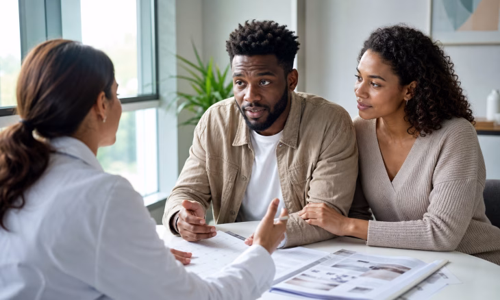 Un couple discute avec une conseillère autour de documents à une table