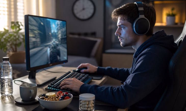Un homme joue à un jeu vidéo sur ordinateur, portant un casque et utilisant un clavier et une souris