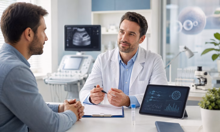 Un médecin discute avec un patient dans un cabinet, avec une échographie et des graphiques médicaux en arrière-plan