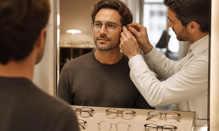 Un opticien ajuste les lunettes d’un client devant un miroir, avec plusieurs montures exposées au premier plan