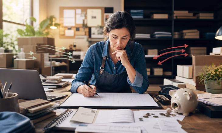 Une entrepreneuse analyse les finances de son activité, entourée de colis, d’un ordinateur et d’une tirelire, avec des flux indiqués par des flèches