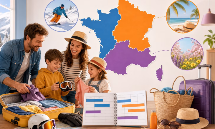 Une famille prépare un voyage en France, avec des scènes de ski, de plage et de printemps, des bagages et un calendrier